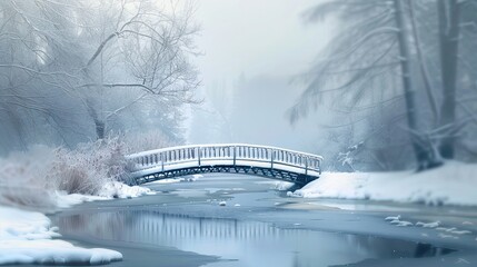 Sticker - Blurred snow-covered bridge over a frozen stream with hazy forested hills beyond