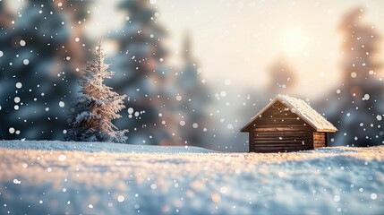 Canvas Print - Wooden cabin in the snow with pine trees creating a cozy and inviting winter scene