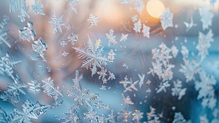 Canvas Print - Ice-covered window with geometric frost cool tones and a warm light source