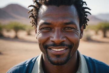 Wall Mural - Close portrait of a smiling 40s Namibian man looking at the camera, Namibian outdoors blurred background