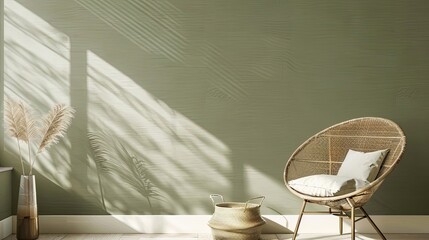 Canvas Print - Soft olive wall with a shadow of a magazine rack offering a minimalist touch