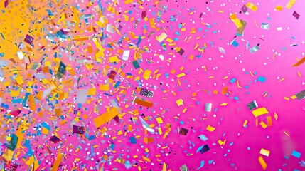 Wall Mural - Vibrant magenta wallpaper with yellow and cyan confetti offering playful celebration vibes