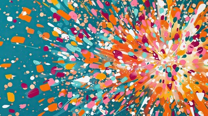Wall Mural - Teal background with orange pink and white confetti creating lively celebration
