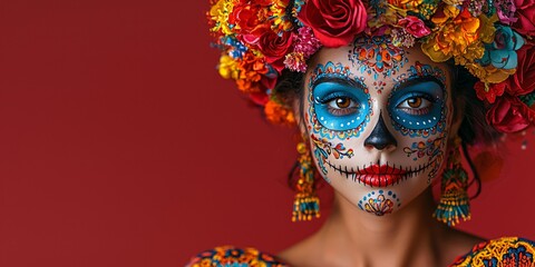 Vibrant portrait highlighting Day of the Dead spirit with colorful sugar skull makeup and floral details, ideal for cultural celebrations and artistic expressions.