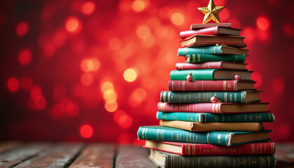 stack of old books forming christmas tree with red background