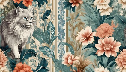 Elegant antique wallpaper featuring intricate cat designs and lush plant motifs