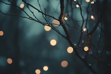 Poster - blurred photo of glowing fairy lights wrapped around tree branches at night, with the lights softly fading into glowing orbs. The tree’s branches blur into dark shadows