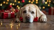 © anantachat - Family dog wearing a holiday bowtie sitting patiently while the family prepares for a holiday portrait Large space for text in center Stock Photo with copy space