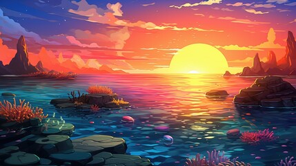 Wall Mural - A Serene Sunset Over a Rocky Seascape with Coral Reefs