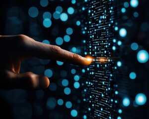 Close-up of a finger touching a digital interface with glowing data patterns.