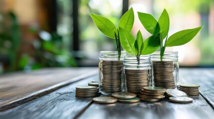 Plants growing in jars filled with coins on a wooden table.