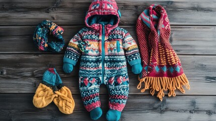 Flat lay of colorful baby winter clothes: a patterned snowsuit, woolen mittens, and scarf, spread out on a wooden background. No people, no logo.