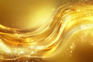 Abstract gold background with sparkling lights and flowing curves.