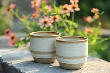 Wall Mural - Set of handmade ceramic clay cups, with the background of outdoor garden - generative ai