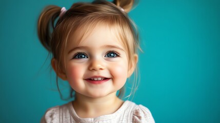 a little girl with blonde pigtails smiles at the camera.