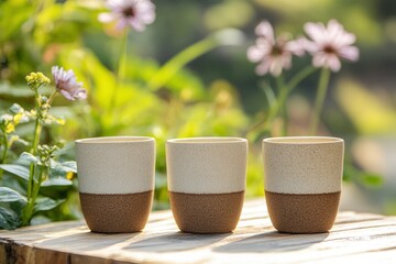 Wall Mural - Set of handmade ceramic clay cups, with the background of outdoor garden - generative ai