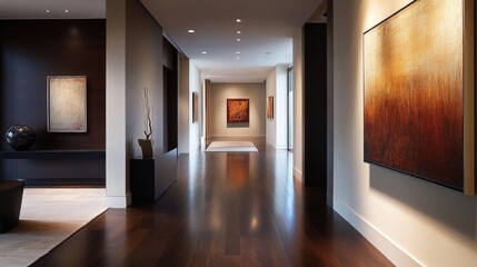 Wall Mural - A contemporary hallway with dark wood floors, sleek modern art on the walls, and subtle recessed lighting guiding the way.