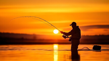 Wall Mural - A silhouette of a fisherman casting a line in a lake at sunset.