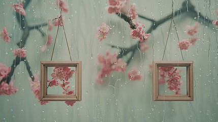 Two Golden Frames Hanging from a Branch with Pink Blossoms in the Rain