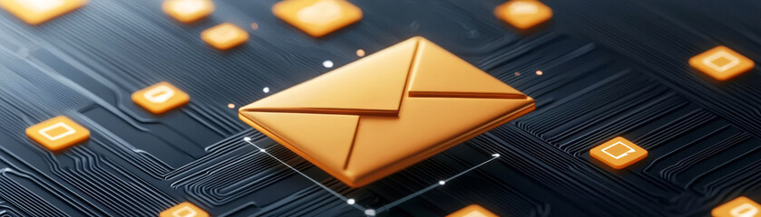 Automated email sequences, futuristic technology, marketing strategy visualization, dark background