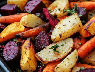 Wall Mural - A large tray of roasted root vegetables, including carrots, beets, and parsnips, seasoned with herbs and olive oil.