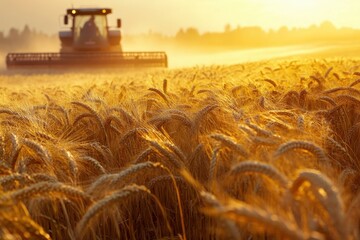 Close-up of golden wheat stalks in a field with a blurred combine harvester in the background at sunset.