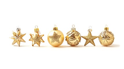 Gold Christmas ornaments with stars and snowflakes, arranged in a row, cute cartoon style, isolated on white background