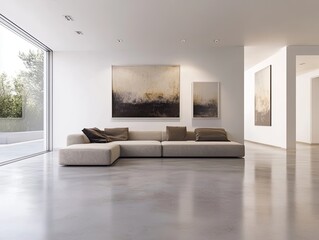 Wall Mural - A minimalist living room with smooth cement floors, a large sectional sofa, and contemporary art displayed on the walls.