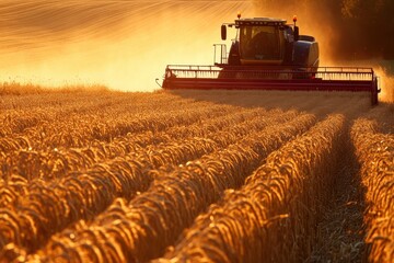 A combine harvester cuts through a field of wheat, creating a path of cut stalks. The golden wheat glows in the afternoon sun.