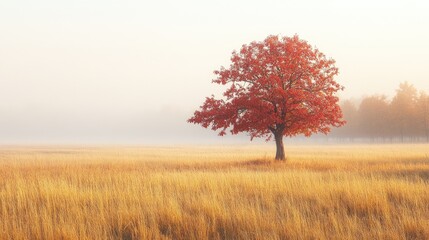 Wall Mural - a misty autumn field in the early morning light, with a lone tree covered in red leaves standing in 