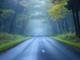Wall Mural - a misty morning on an empty asphalt road through a national park, with trees and mist creating a pea