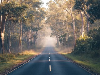 Wall Mural - a misty morning on an empty asphalt road through a national park, with trees and mist creating a pea