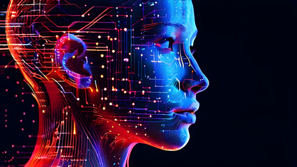 Visually represent the flow of data or light in the form of a human, Add digital patterns or flows around the head to make it look like the AI ​​is understanding human thoughts.