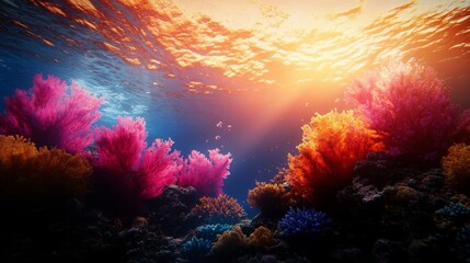 Colorful Coral Reef Underwater with Sunlight