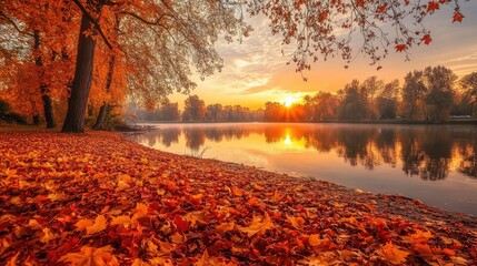 Wall Mural - a serene autumn landscape with golden and red leaves covering the ground, a calm river reflecting th