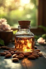 Small glass bottle of almond oil with scattered almonds, warm lighting and soft focus