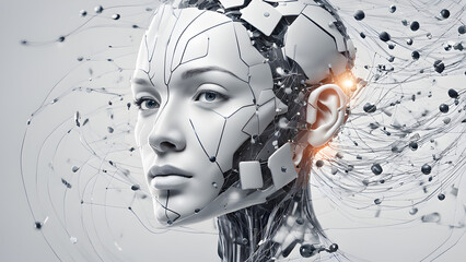 Visually represent the flow of data or light in the form of a human, Add digital patterns or flows around the head to make it look like the AI ​​is understanding human thoughts.