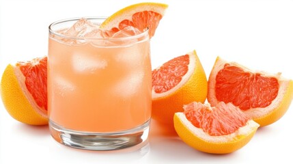 Wall Mural - Fresh grapefruit juice in glass with sliced grapefruits on white background