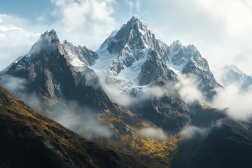 Dramatic mountain peak shrouded in clouds,  showing a breathtaking view of the alpine terrain.