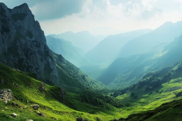 a breathtaking view of a green mountain valley with a rocky cliff face in the foreground.