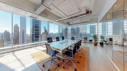 Elegant glass-walled meeting room in an open office, with coworking desks and a panoramic window view of city skyscrapers.