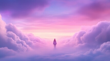 Wall Mural - a woman is walking through a cloud filled sky