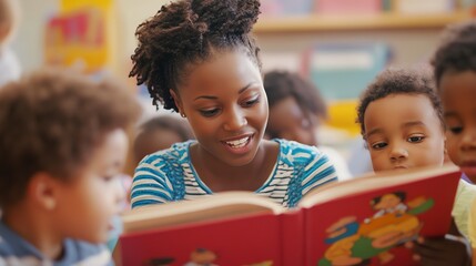 A teacher reads a book to a diverse group of children.