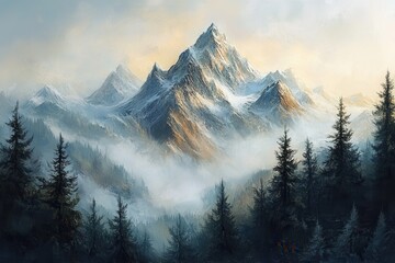 A majestic snow-capped mountain peak rises above a misty forest in a beautiful sunrise.