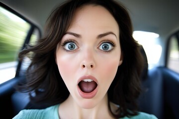 Woman with blue eyes and long brown hair. She is looking at the camera with her mouth open. Crazy woman