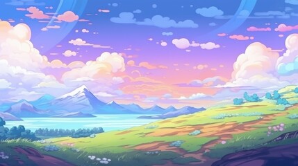 Wall Mural - Vibrant Landscape with Snowy Mountains, Lush Fields, and a Serene Lake under a Colorful Sky