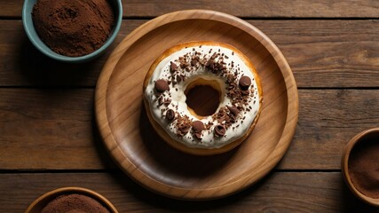 Wall Mural - appetizing tiramisu donut on wooden plate flat lay aesthetic setup for ads