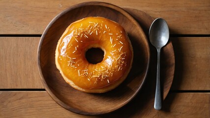 Wall Mural - appetizing orange zest donut on wooden plate flat lay aesthetic setup for ads