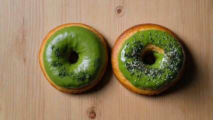 Wall Mural - appetizing matcha green tea donut on wooden plate flat lay aesthetic setup for ads