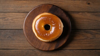 Wall Mural - appetizing jelly filled donut on wooden plate flat lay aesthetic setup for ads